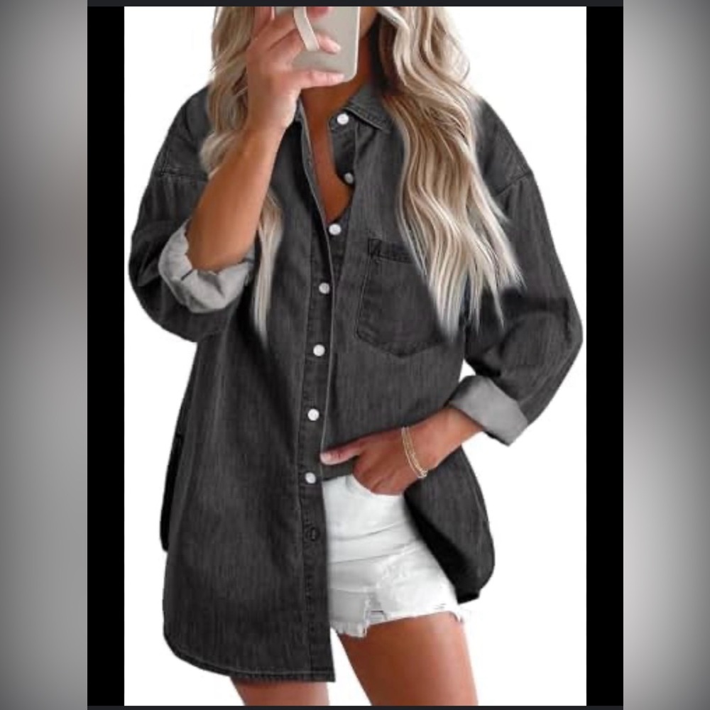 Coldwater Creek size L woman Black Oversized Button Down Shirt